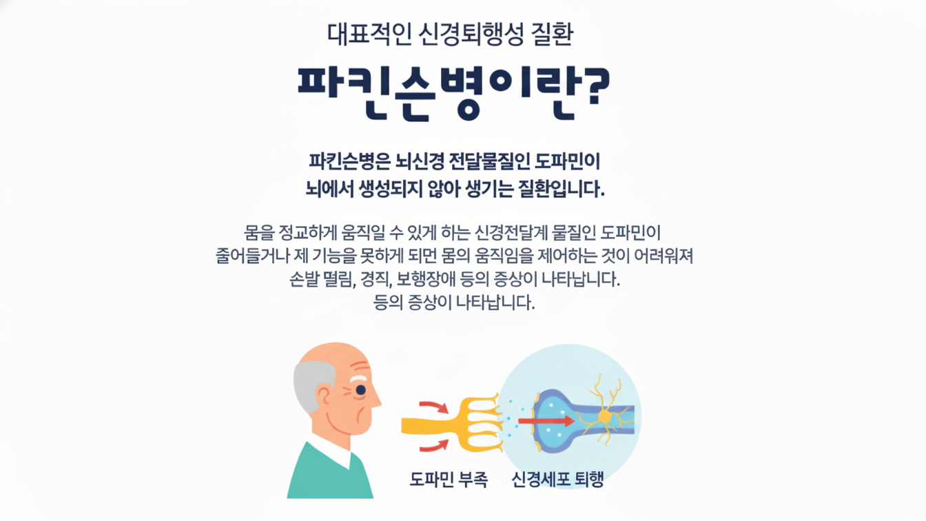 파킨슨병이란 - 뇌신경 전달물질인 도파민이 뇌에서 생성되지 않아 생기는 질환입니다. 도파민 부족과 신경세포 퇴행